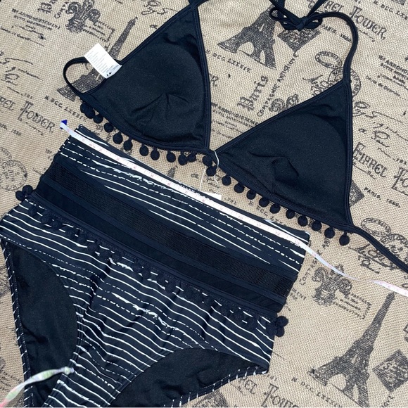 COCOSHIP Striped High Waist Bikini Set Tassel Trim Top Halter Straps Swimsuit - Picture 16 of 16